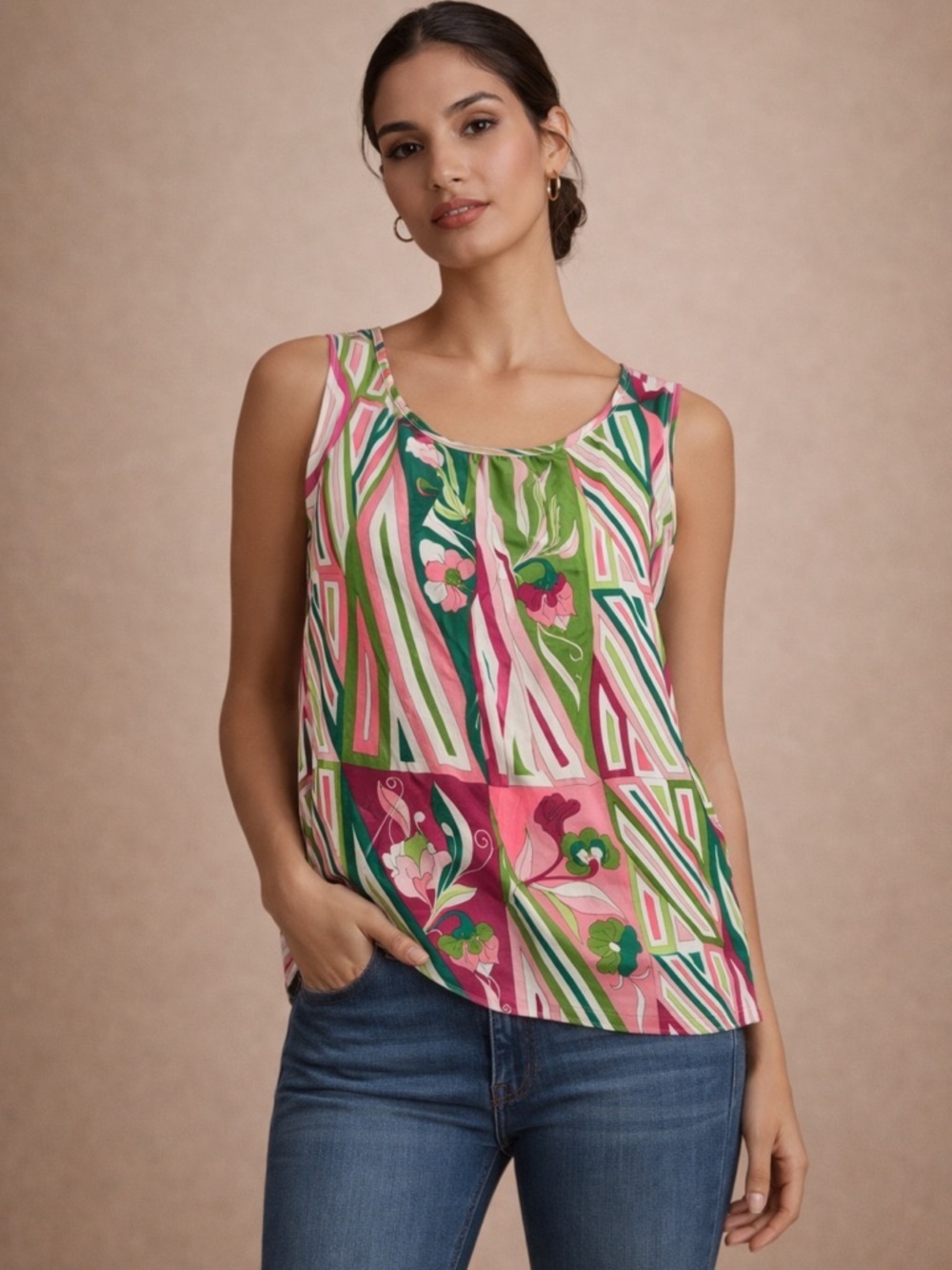 Talbots Sleeveless Geometric Floral Top Pink Green Size 14 Summer Chic Cottage